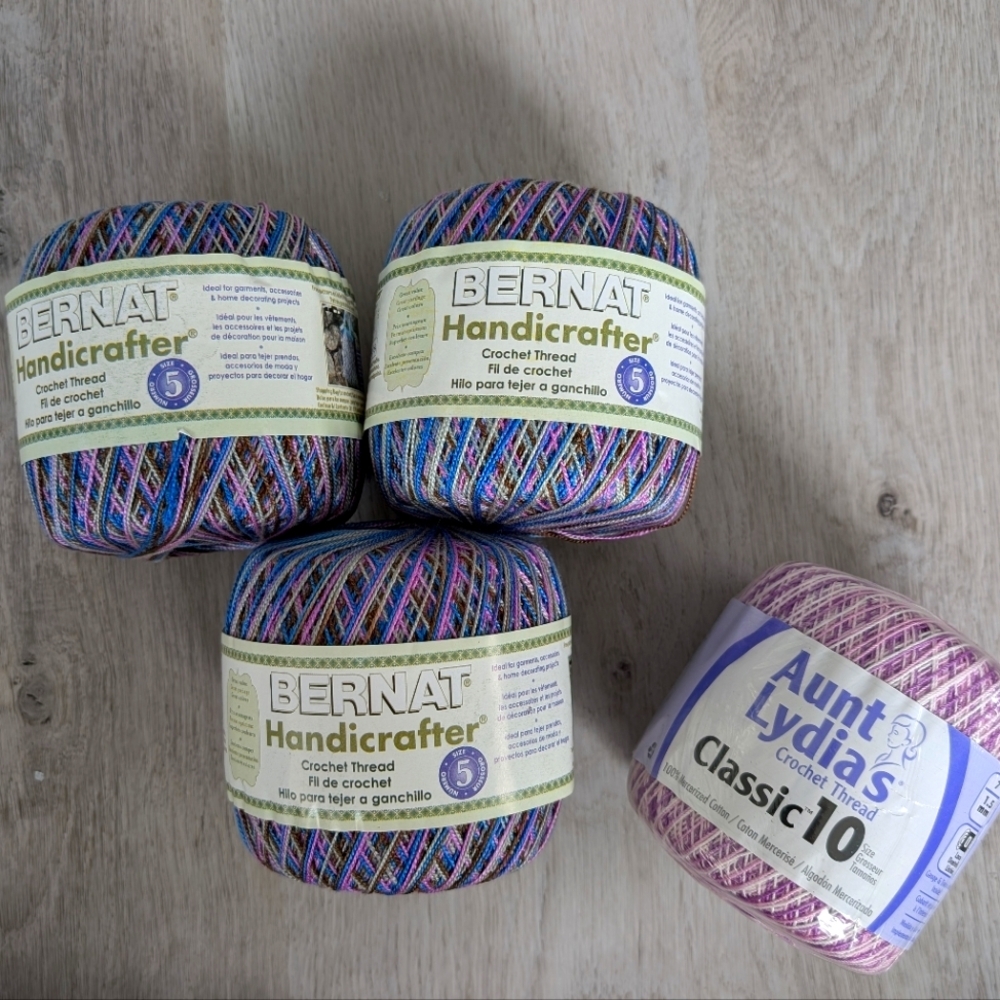 Bundle of 3 Bernat Handicrafter and 1 Aunt lydias crochet thread Purple Blue New